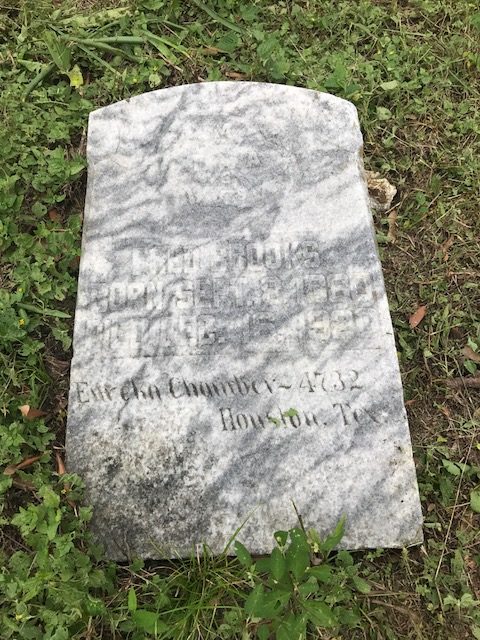 Marble headstone on grass. Text is difficult to read.